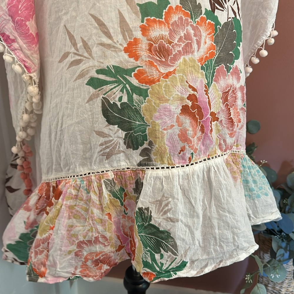 Z&L Floral Print Pom Poms cotton tassel drop waist lace up OS Kaftan Cover-Up - Picture 12 of 16